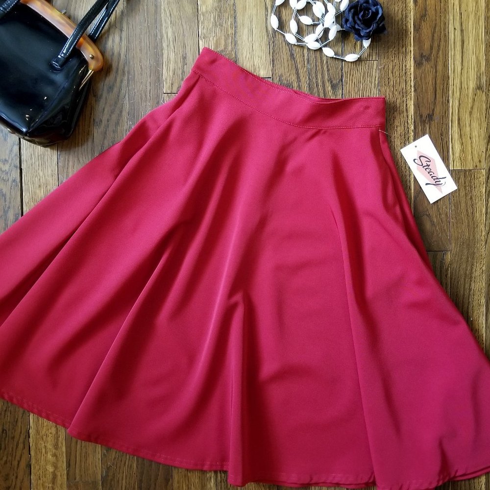 NWT RockSteady High Waist Pocket Thrills Skirt, Retro Red Midi Circle Skirt